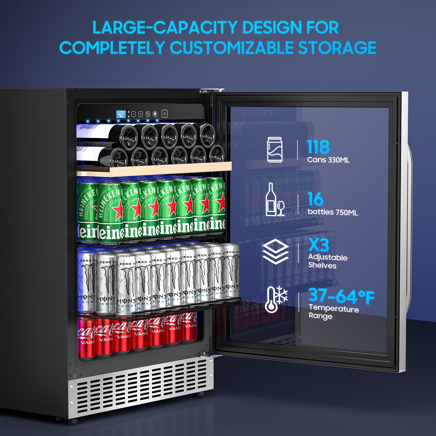 16 Bottle 118 Can Wine Cooler/Cabinet Beverage Refrigerator Mini Wine Cellar Beer Soda Clear Glass Door Bar Fridge Quiet Compressor Adjust Temp Freestanding Indoor Use 4.9Cu.ft