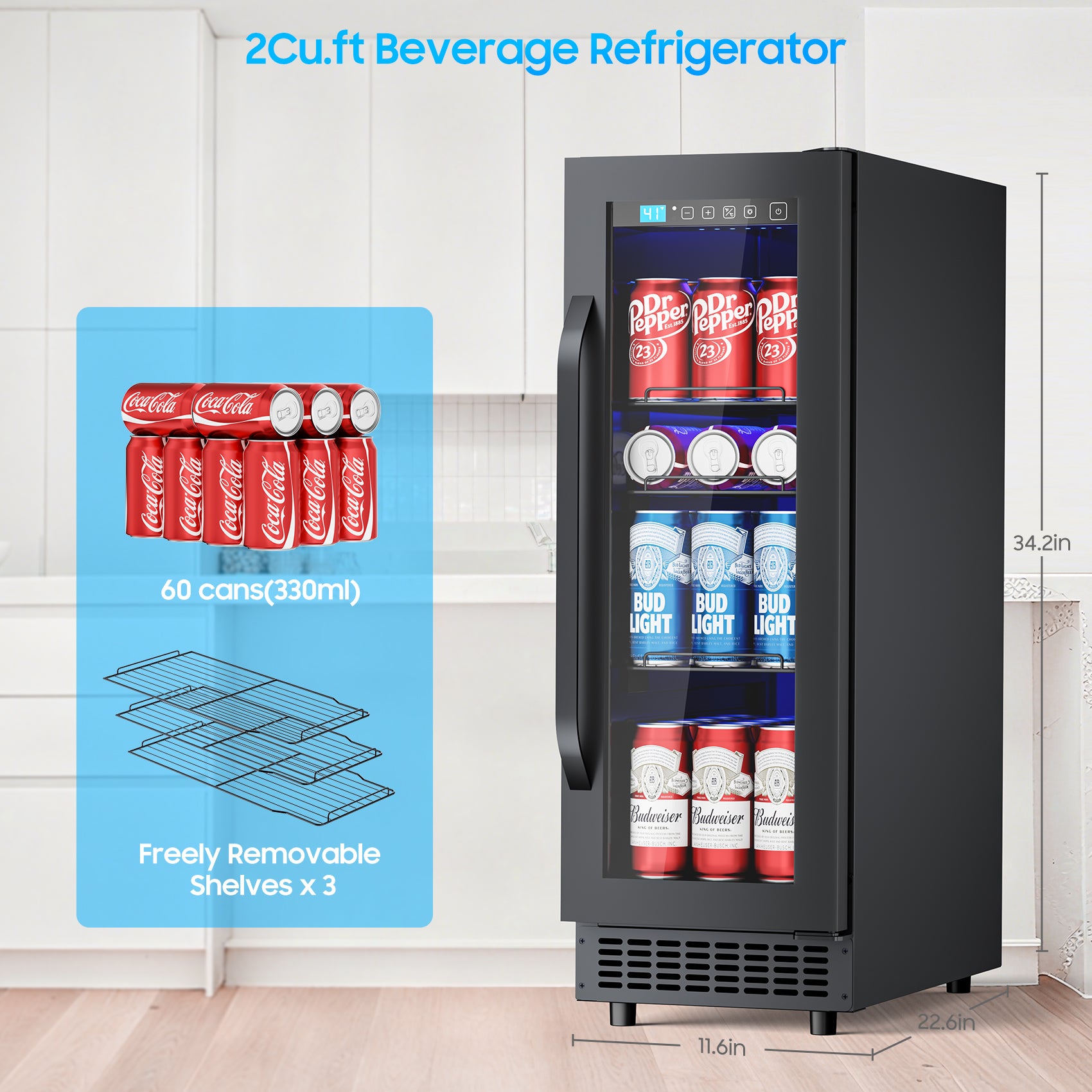 60 Cans Beverage Refrigerator with Double-Layer Glass Door, Digital Temperature Control, LED Lgiht for Home, Bar, Office