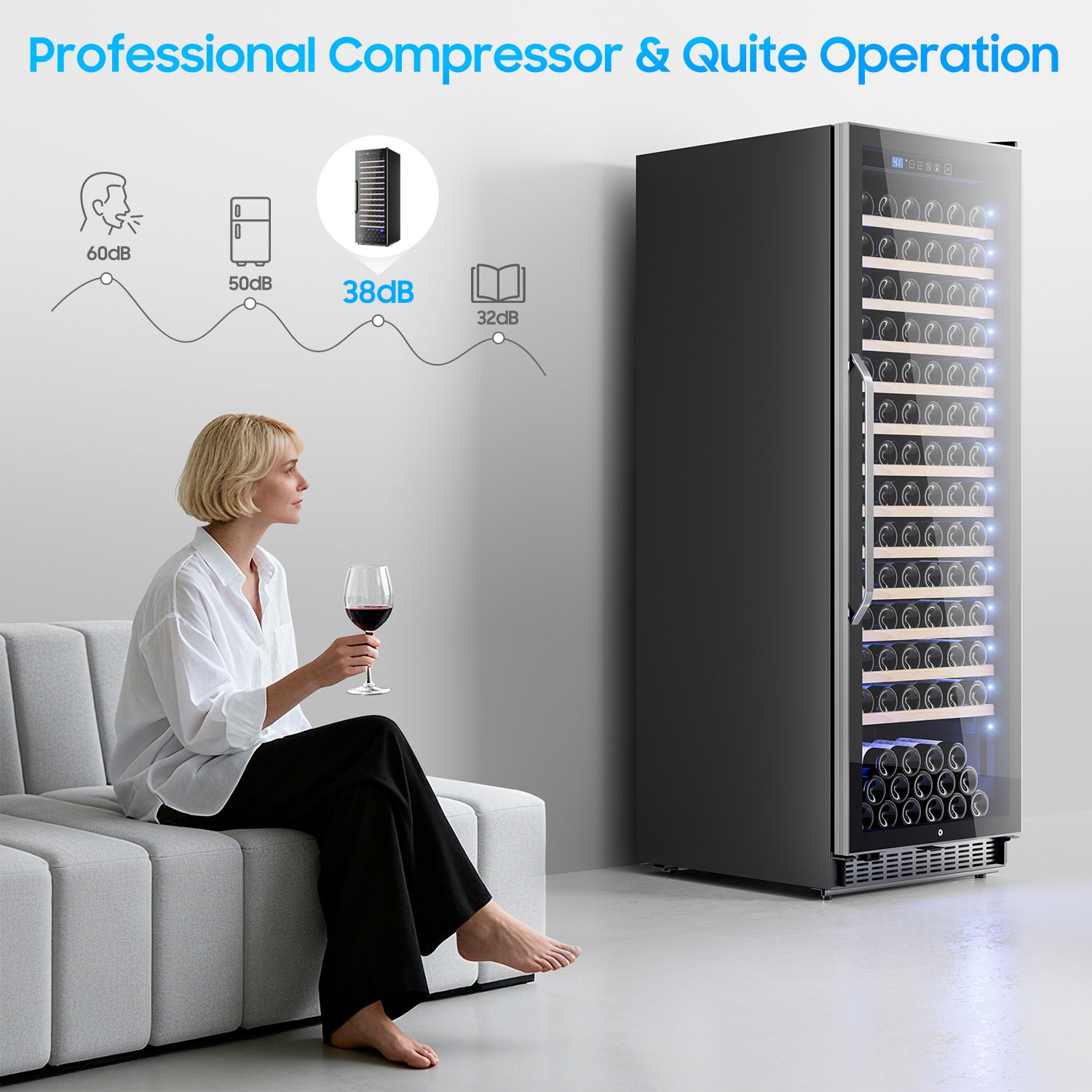 158-Bottle Wine Cooler Refrigerator Suitable for Mixed Bottle Sizes, 24 Inch Wine Refrigerator Freestanding with Professional Temperature Control System, Low Noise Operation