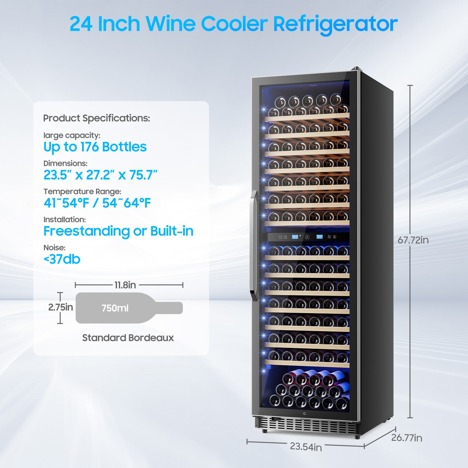 Wine Cooler Refrigerator 24 Inch,176 Bottle Dual Zone Wine Fridge Freestanding/Built-In with Upgraded Compressor, Low-Noise Wine Cellar & Intelligent Temperature Control