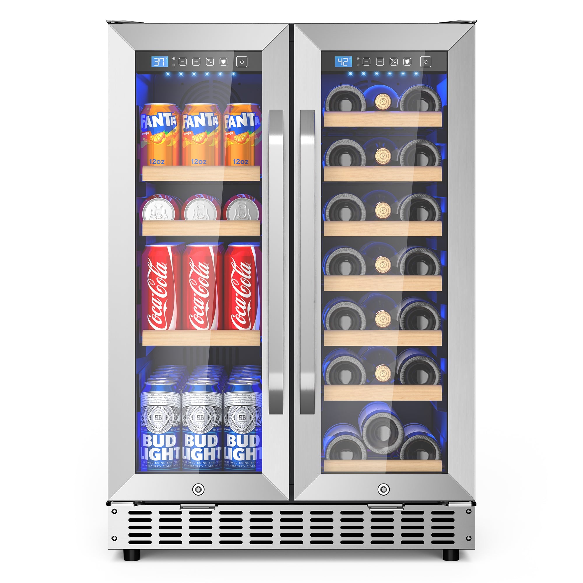 Beverage Cooler with Glass Door holds 21 Bottles and 88 Cans Wine and Beverage Refrigerator 24'', Dual Zone Wine Fridge Built in or Freestanding, Upgrade Cooling Low Noise for Kitchen, Bar, Office