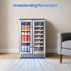 Beverage Cooler with Glass Door holds 21 Bottles and 88 Cans Wine and Beverage Refrigerator 24'', Dual Zone Wine Fridge Built in or Freestanding, Upgrade Cooling Low Noise for Kitchen, Bar, Office