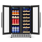 Beverage Cooler with Glass Door holds 21 Bottles and 88 Cans Wine and Beverage Refrigerator 24'', Dual Zone Wine Fridge Built in or Freestanding, Upgrade Cooling Low Noise for Kitchen, Bar, Office