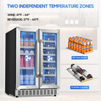 Beverage Cooler with Glass Door holds 21 Bottles and 88 Cans Wine and Beverage Refrigerator 24'', Dual Zone Wine Fridge Built in or Freestanding, Upgrade Cooling Low Noise for Kitchen, Bar, Office