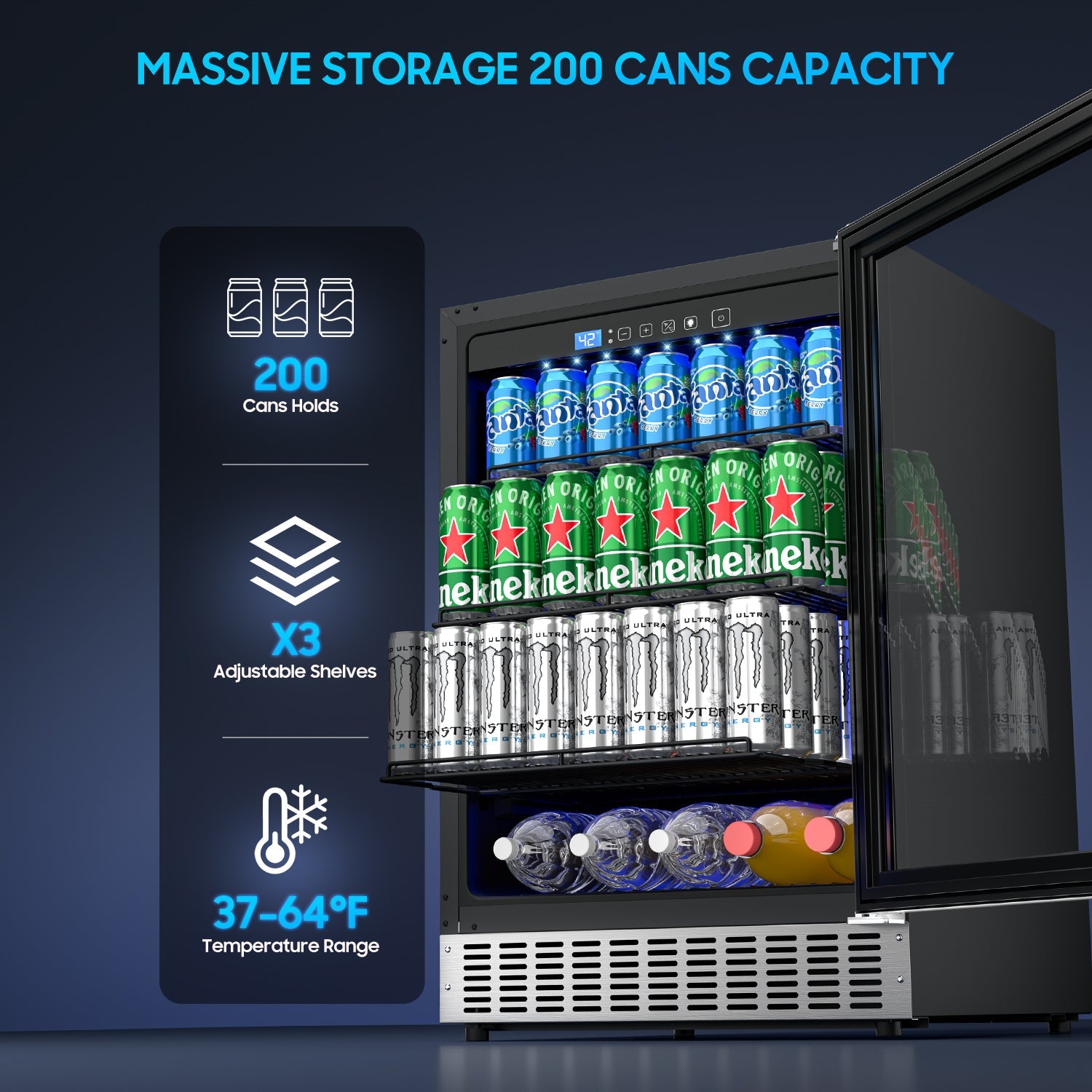 24 Inch Beverage Refrigerator, 200 Can Built-in Beverage Cooler, Under Counter Beer Fridge with Glass Door for Soda, Water, Wine - For Kitchen, Bar or Office